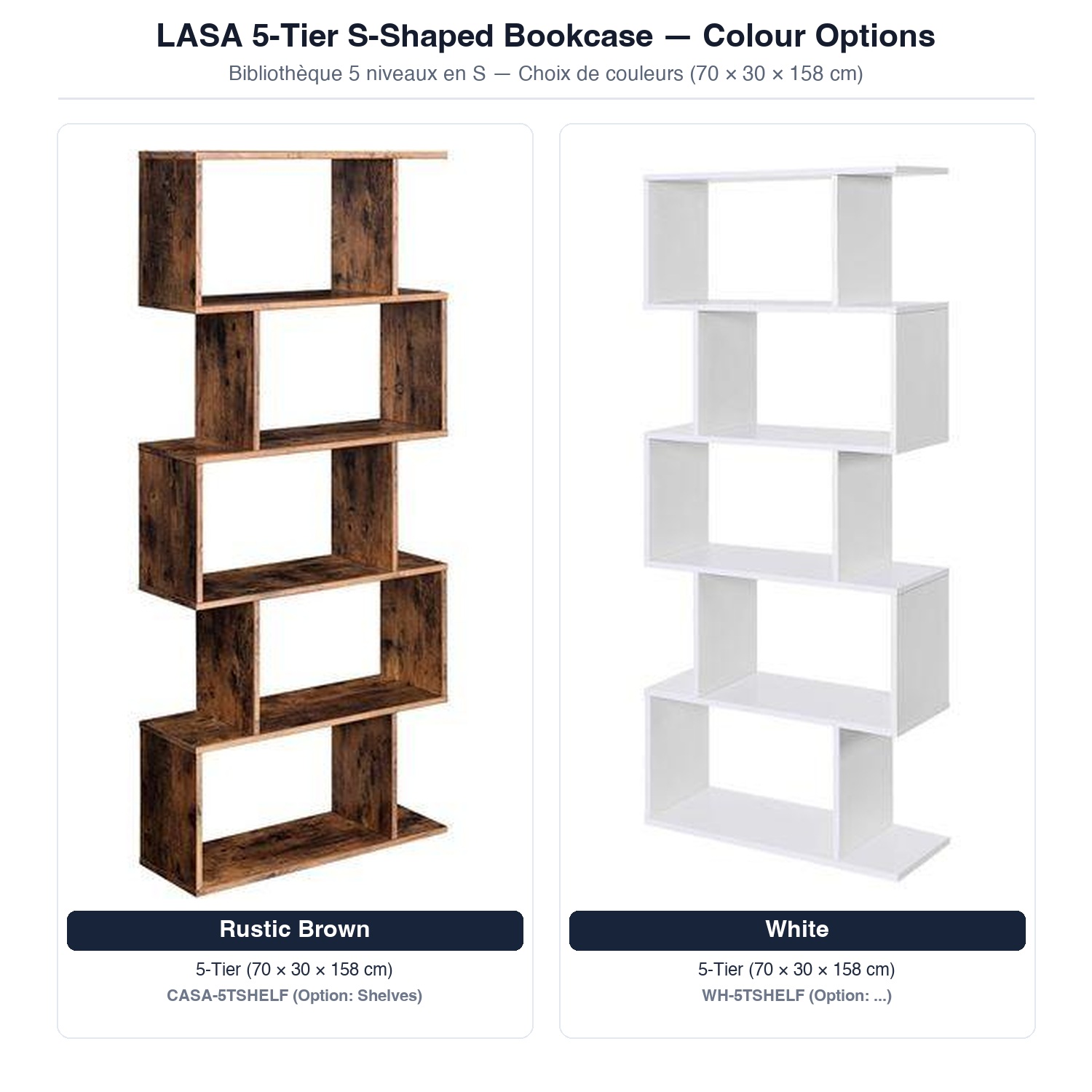 5-Tier S-Shaped Open Bookcase - White — Model CASA-5TSHELF