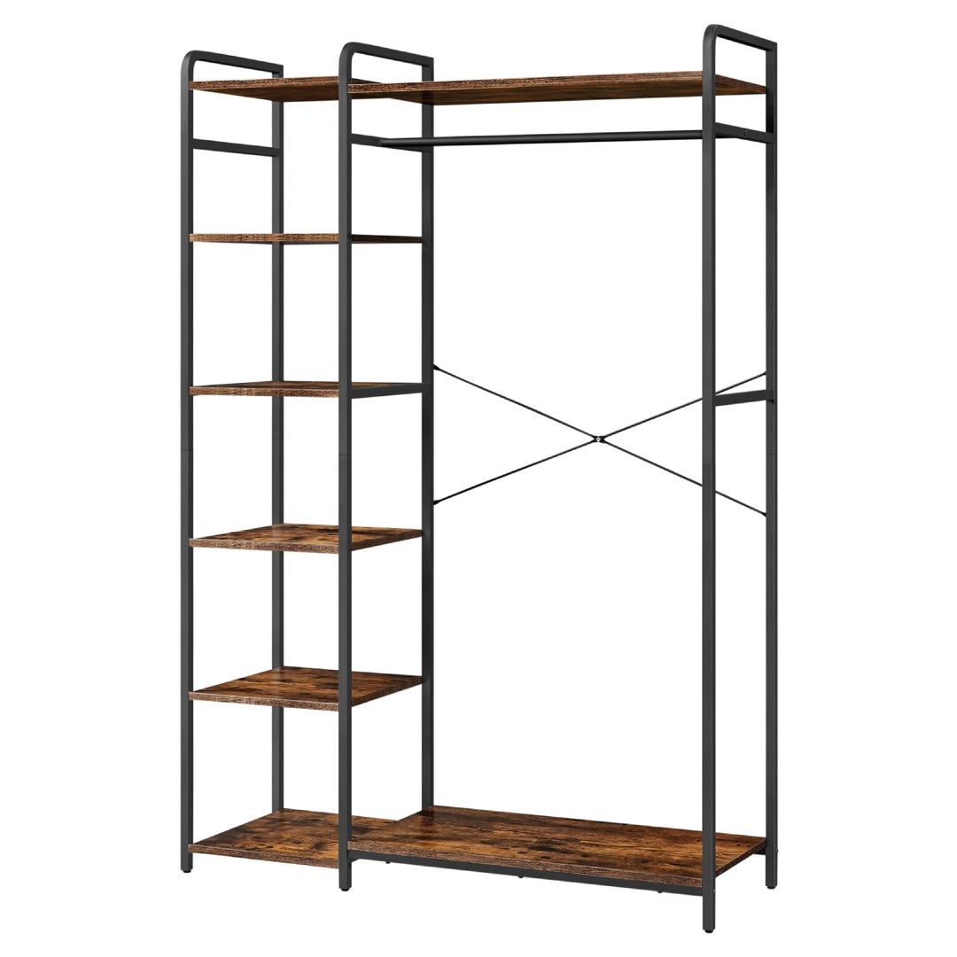 Open Wardrobe with Rails and Shelves - Brown and Black