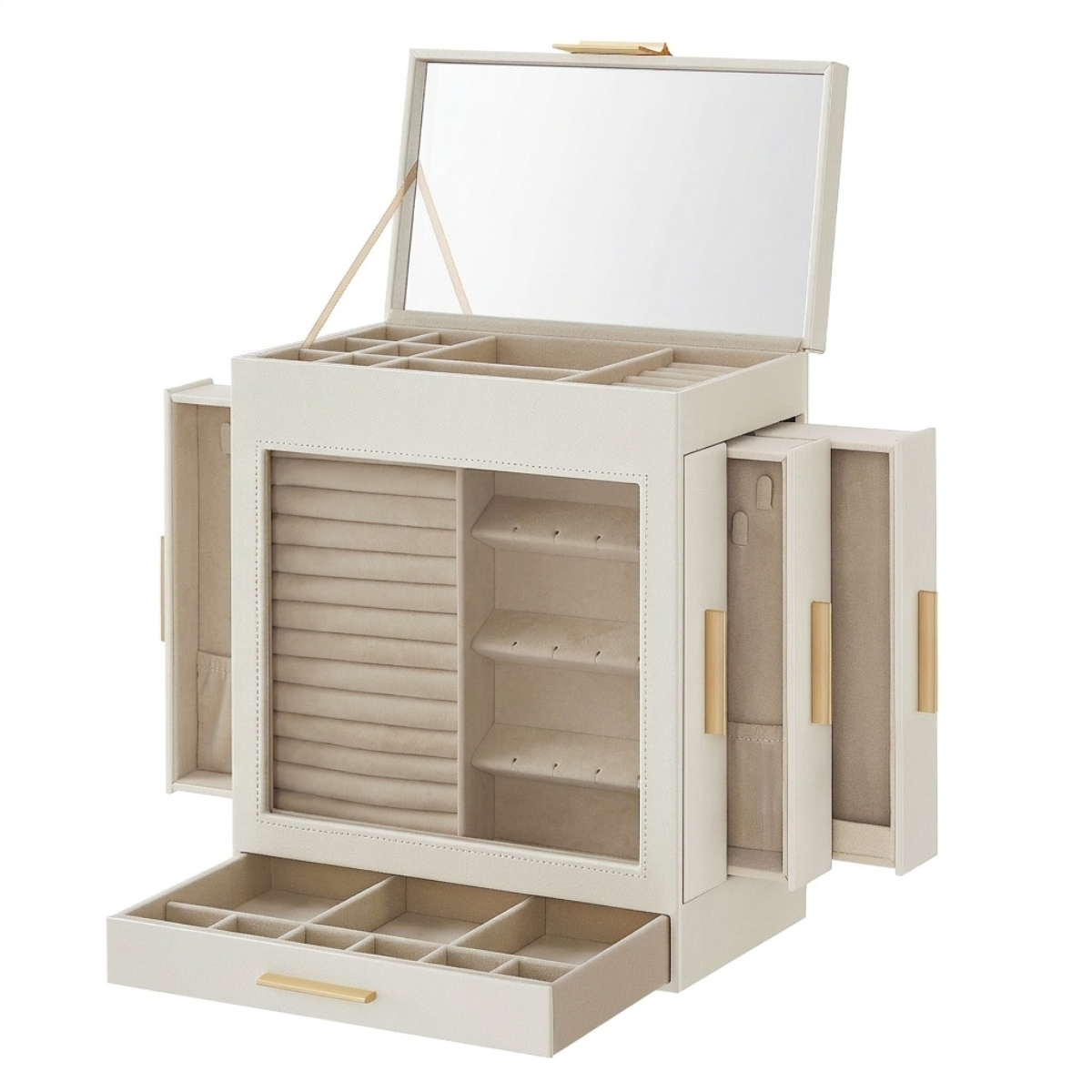 Jewellery Organiser with Side Drawers and Mirror - White/Gold