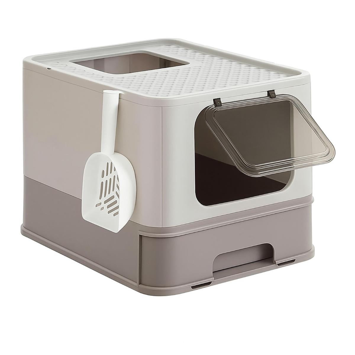Foldable Cat Litter Box Grey with Lid Drawer and Scoop