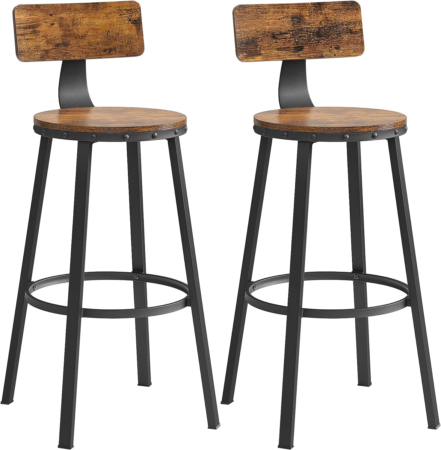 Set of 2 Rustic Counter Height Bar Stools with Backrest